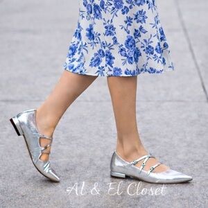 Sam Edelman Cass Silver Leather Mary Jane Style 3-Strap Flats Sz 7.5 M NWB